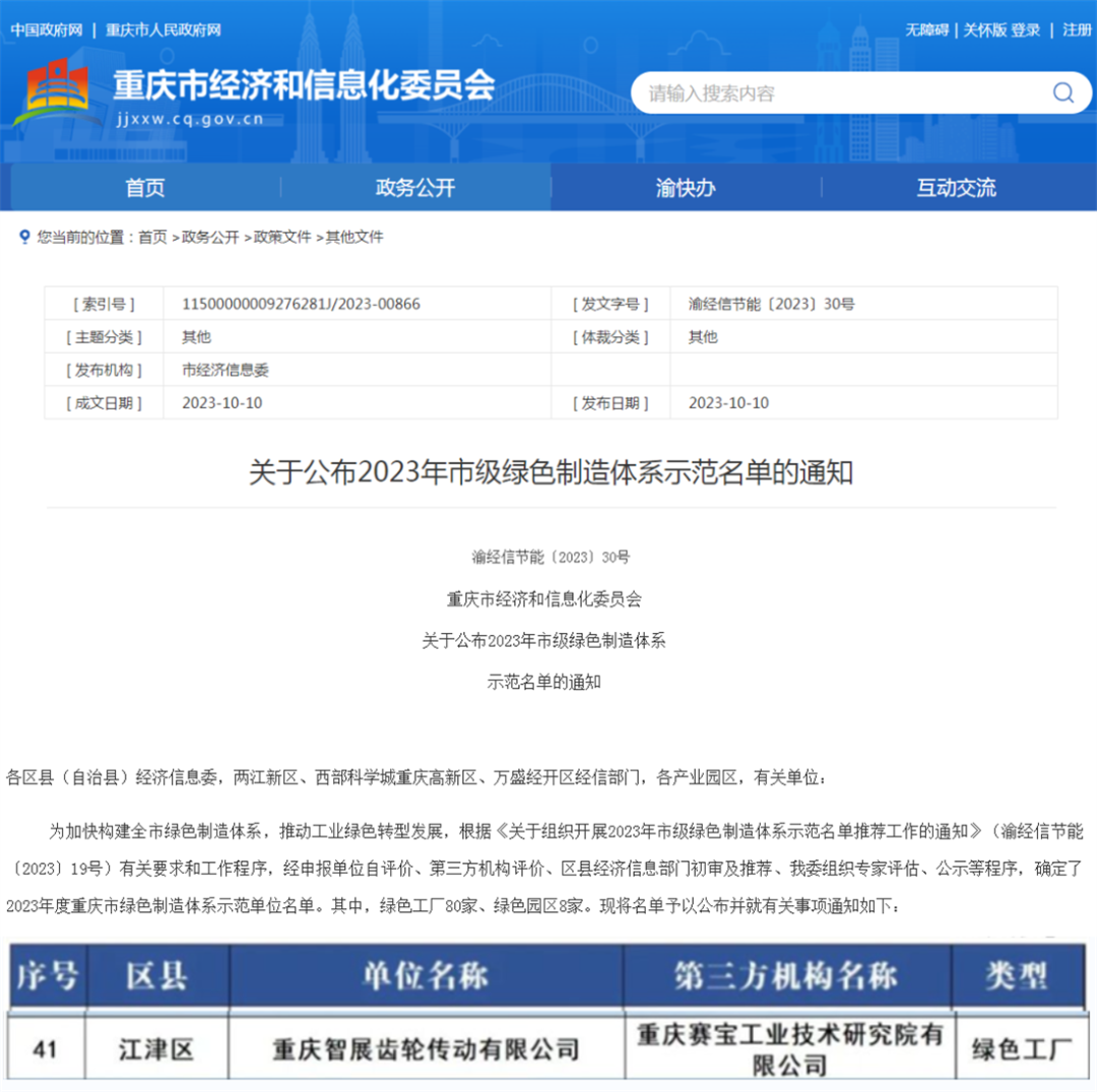 2023年市級(jí)綠色制造體系示范名單公布！重慶智展齒輪傳動(dòng)有限公司獲評(píng)“重慶綠色工廠”